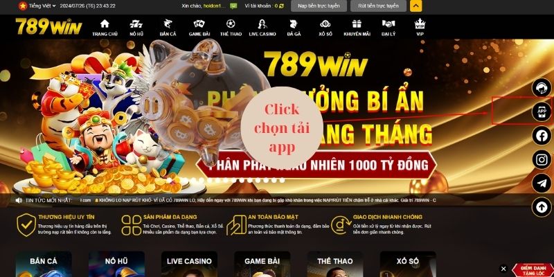 Chọn tải app tại trang chủ 789Win