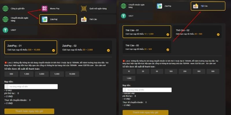 Nạp tiền bằng ví và thẻ cào